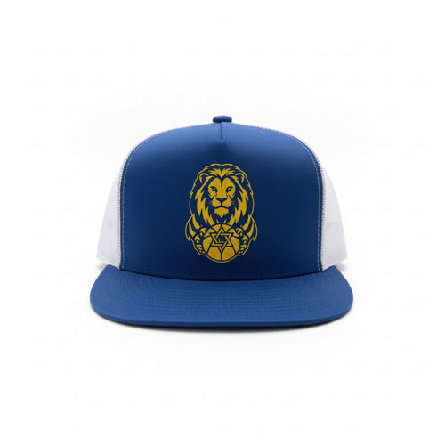 King of the Court Hat - Royal blue trucker hat with gold lion and basketball
